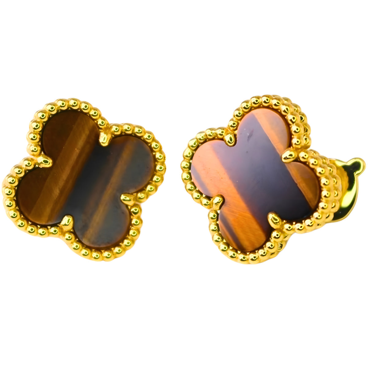 Van Cleef & Arpels Vintage Alhambra Earrings Tiger Eye 18K Yellow Gold