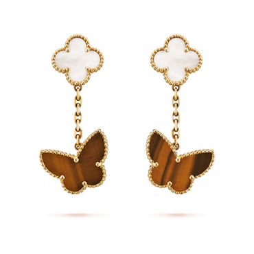 These Van Cleef & Arpels 2 motifs Lucky Alhambra earrings 18K yellow gold Mother Of Pearl and Tiger Eye.