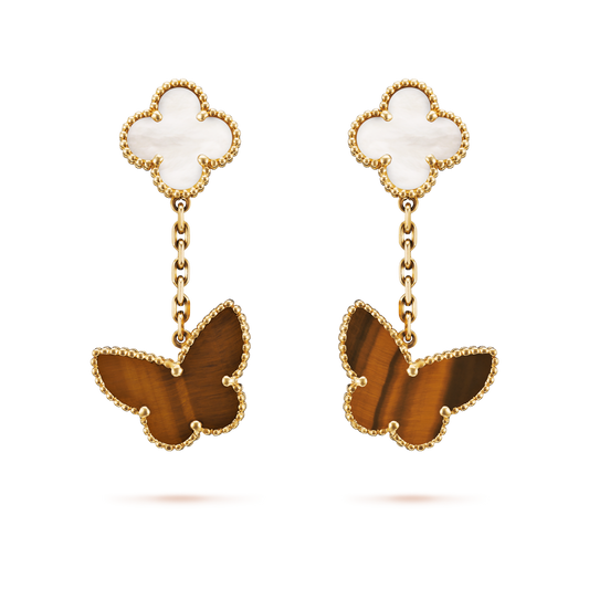 These Van Cleef & Arpels 2 motifs Lucky Alhambra earrings 18K yellow gold Mother Of Pearl and Tiger Eye.