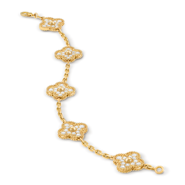 Van Cleef & Arpels Vintage Alhambra Bracelet 5 Motifs Full Diamonds 18K Yellow Gold