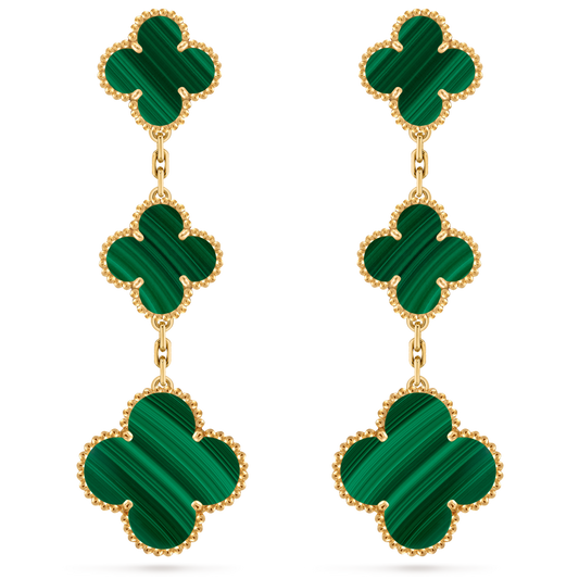 Van Cleef & Arpels Magic 3 motifs Alhambra earrings 18K yellow gold and Malachite.