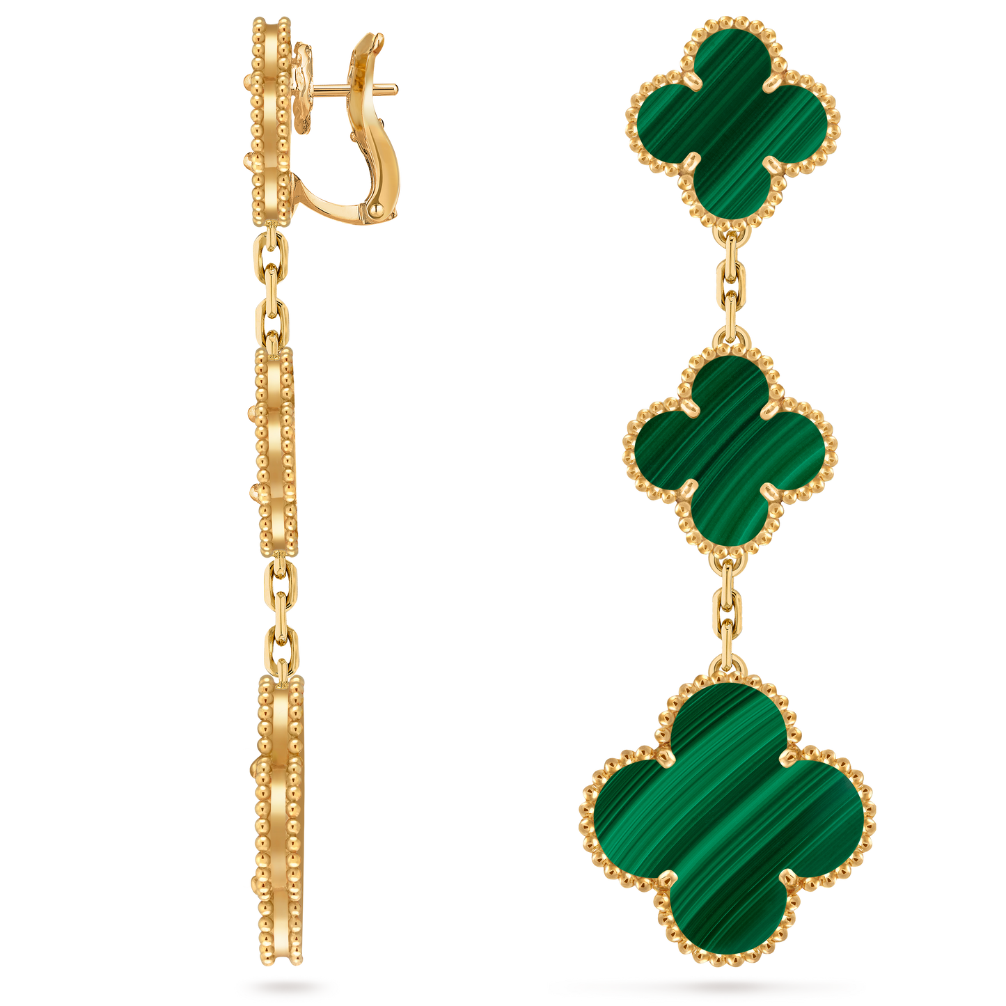 Van Cleef & Arpels Magic 3 motifs Alhambra earrings 18K yellow gold and Malachite.