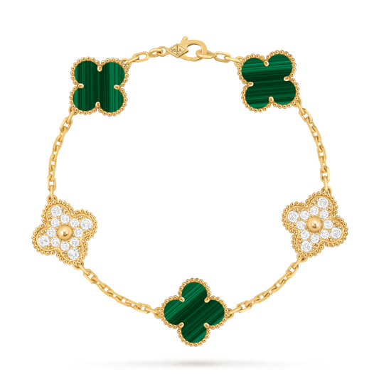 Van Cleef & Arpels Vintage Alhambra Bracelet 5 Motifs Full Diamonds and Malachite 18K Yellow Gold