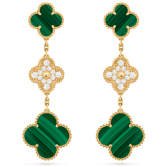 Van Cleef & Arpels Magic Alhambra Earrings 3 Motifs Diamond and Malachite 18K Yellow Gold