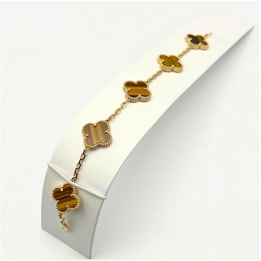 Van Cleef & Arpels Vintage Alhambra Bracelet 5 Motifs Tiger eye 18K Yellow Gold - Maison d'Amour
