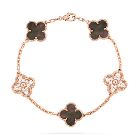 Van Cleef & Arpels Vintage Alhambra Bracelet 5 Motifs Full Diamonds and Mother Of Pearl 18K Rose Gold