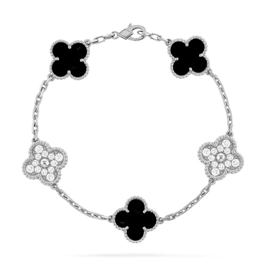 Van Cleef & Arpels Vintage Alhambra Bracelet 5 Motifs Full Diamonds and Onyx 18K White Gold