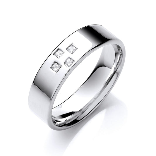 0.08ctw 4st P/c Diamond Set 6mm Flat Court Cross Style Wedding Band | Maison D'amour Luxury Fine Jewellery Collection Online