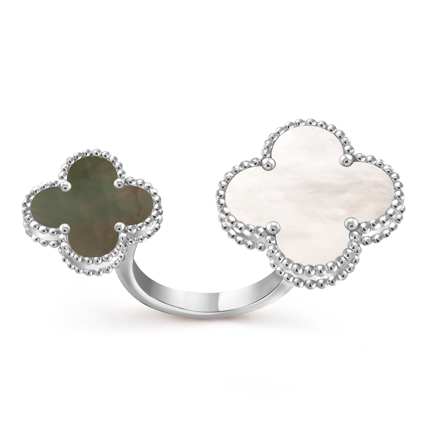 Van Cleef & Arpels Magic Alhambra between the finger Ring 18k White Gold Black & White Mother of Pearl