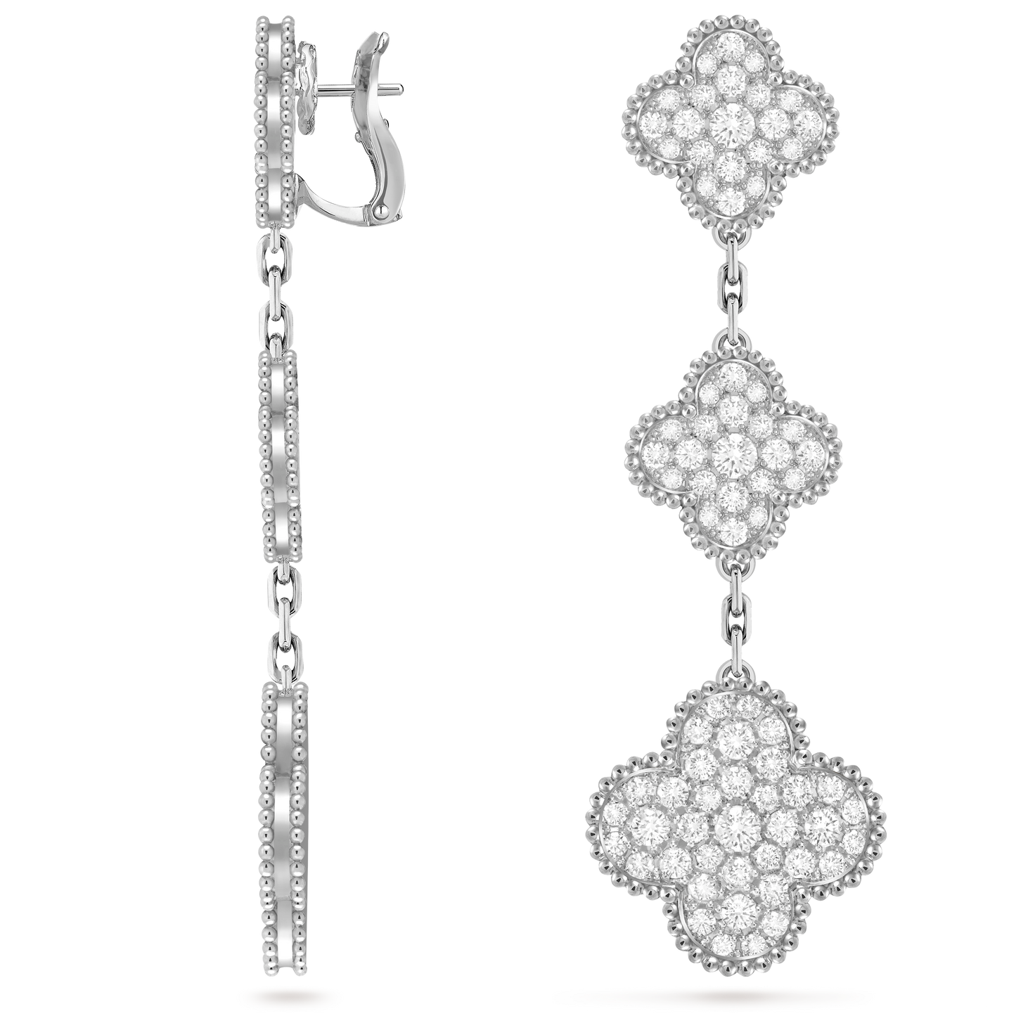 Van Cleef & Arpels Magic 3 motifs Alhambra earrings solid 18K White gold and Diamond.
