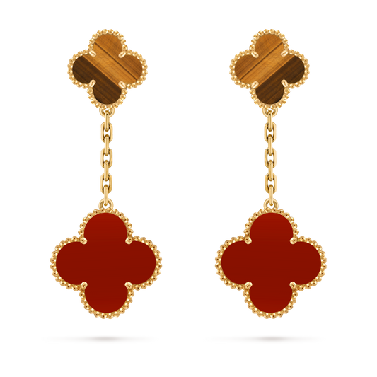 Van Cleef & Arpels 2 motifs Alhambra earrings 18K yellow gold, Carnelian and Tiger Eye.