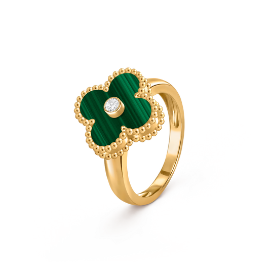 Van Cleef & Arpels Vintage Alhambra Ring 1 Diamond and 18k Yellow Gold Yellow Malachite