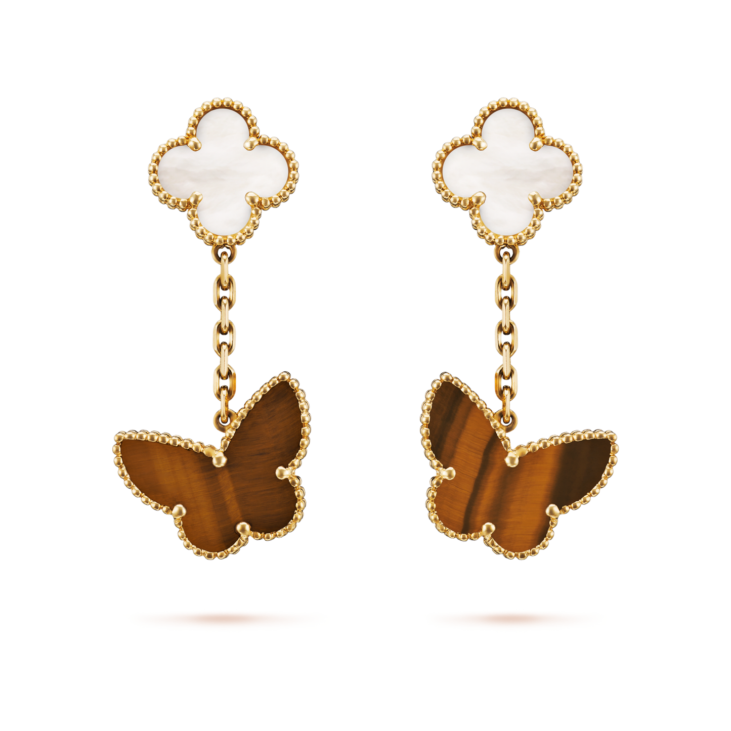 These Van Cleef & Arpels 2 motifs Lucky Alhambra earrings 18K yellow gold Mother Of Pearl and Tiger Eye.