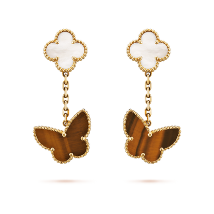 These Van Cleef & Arpels 2 motifs Lucky Alhambra earrings 18K yellow gold Mother Of Pearl and Tiger Eye.