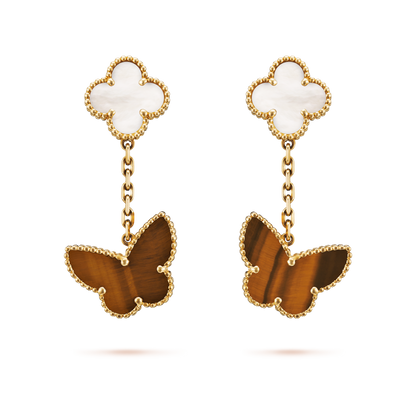 These Van Cleef & Arpels 2 motifs Lucky Alhambra earrings 18K yellow gold Mother Of Pearl and Tiger Eye.
