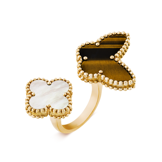 Van Cleef & Arpels Lucky Alhambra Between the Finger Ring 18k Mother of Pearl, Tiger Eye and 18k Yellow Gold