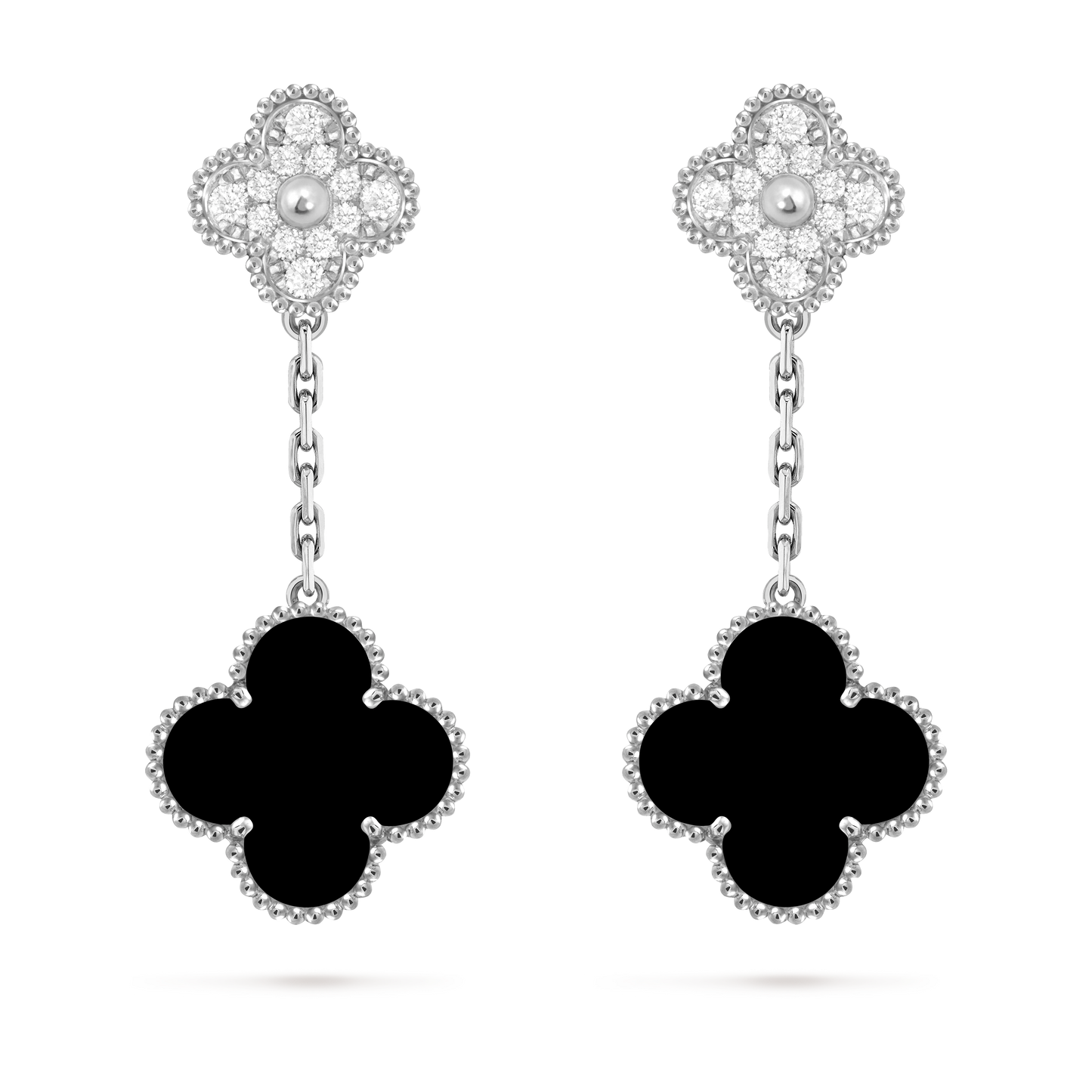 Van Cleef & Arpels 2 motifs Magic Alhambra earrings 18K white gold, Diamond and Onyx.