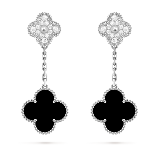 Van Cleef & Arpels 2 motifs Magic Alhambra earrings 18K white gold, Diamond and Onyx.