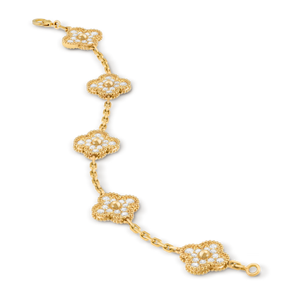 Van Cleef & Arpels Vintage Alhambra Bracelet 5 Motifs Full Diamonds 18K Yellow Gold