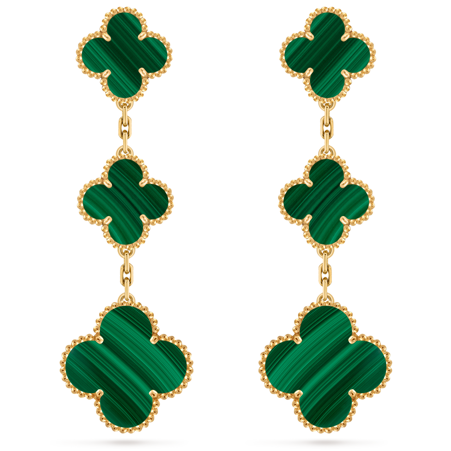 Van Cleef & Arpels Magic 3 motifs Alhambra earrings 18K yellow gold and Malachite.