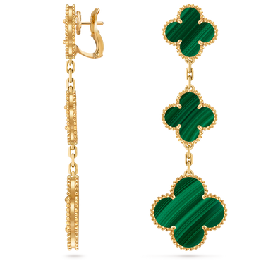 Van Cleef & Arpels Magic 3 motifs Alhambra earrings 18K yellow gold and Malachite.