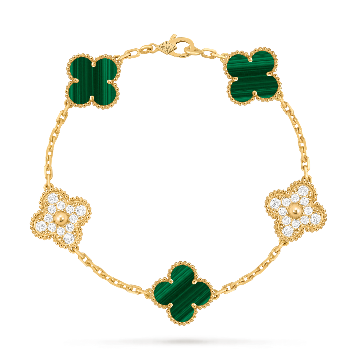 Van Cleef & Arpels Vintage Alhambra Bracelet 5 Motifs Full Diamonds and Malachite 18K Yellow Gold