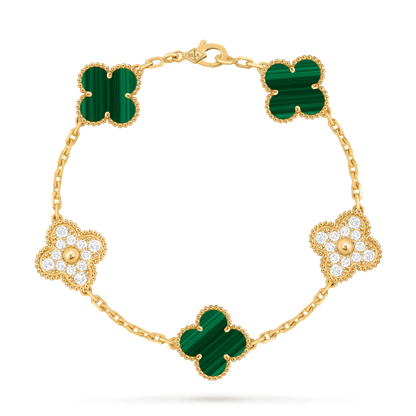 Van Cleef & Arpels Vintage Alhambra Bracelet 5 Motifs Full Diamonds and Malachite 18K Yellow Gold