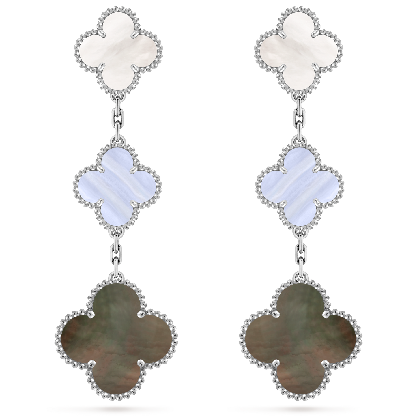 Van Cleef & Arpels 3 motifs Alhambra earrings 8K yellow gold, Chalondony and Mother of Pearl.