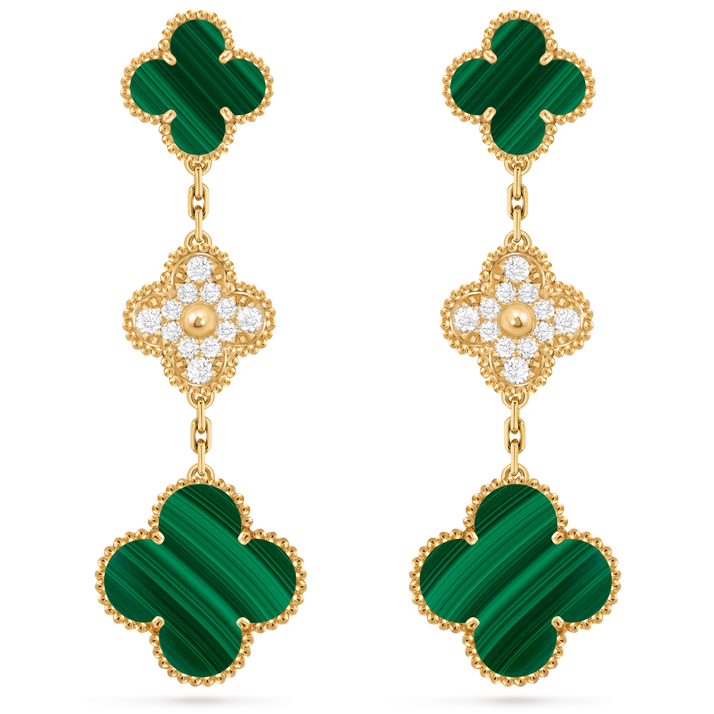 Van Cleef & Arpels Magic Alhambra Earrings 3 Motifs Diamond and Malachite 18K Yellow Gold