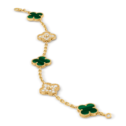 Van Cleef & Arpels Vintage Alhambra Bracelet 5 Motifs Full Diamonds and Malachite 18K Yellow Gold