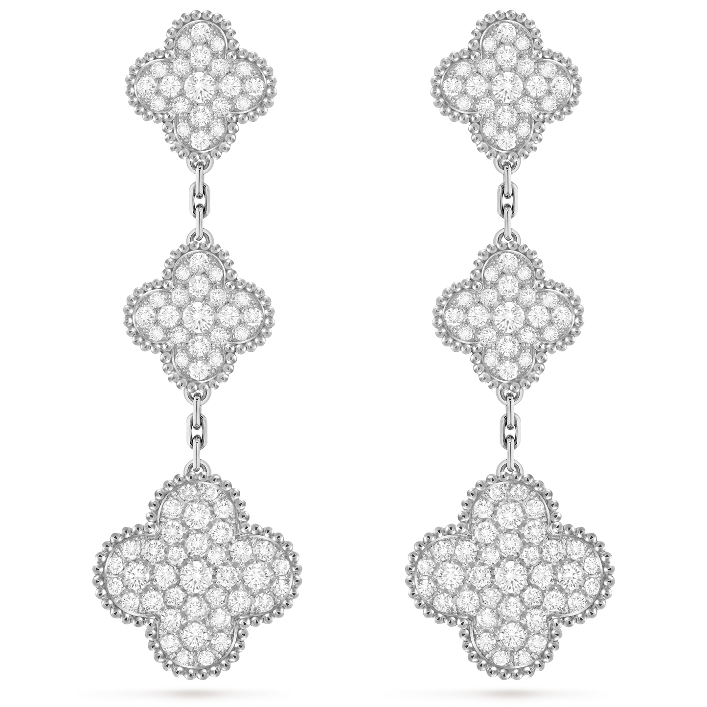 Van Cleef & Arpels Magic 3 motifs Alhambra earrings solid 18K White gold and Diamond.
