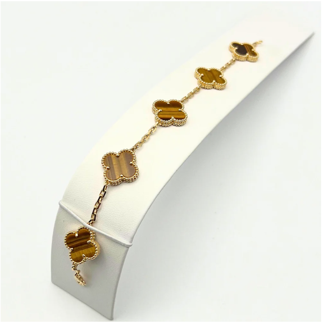 Van Cleef & Arpels Vintage Alhambra Bracelet 5 Motifs Tiger eye 18K Yellow Gold - Maison d'Amour