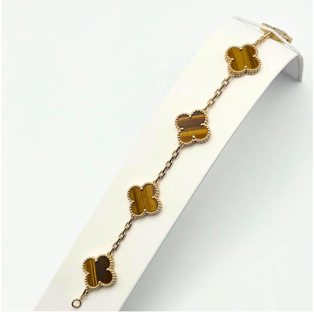 Van Cleef & Arpels Vintage Alhambra Bracelet 5 Motifs Tiger eye 18K Yellow Gold - Maison d'Amour