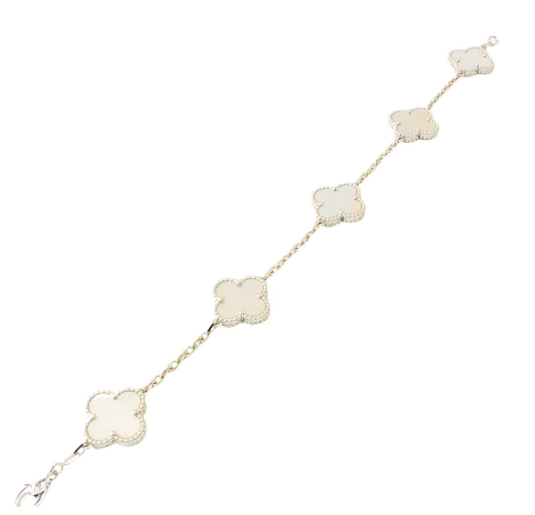 Van Cleef & Arpels Vintage Alhambra Bracelet 5 Mother Of Pearl 18K White Gold - Maison d'Amour