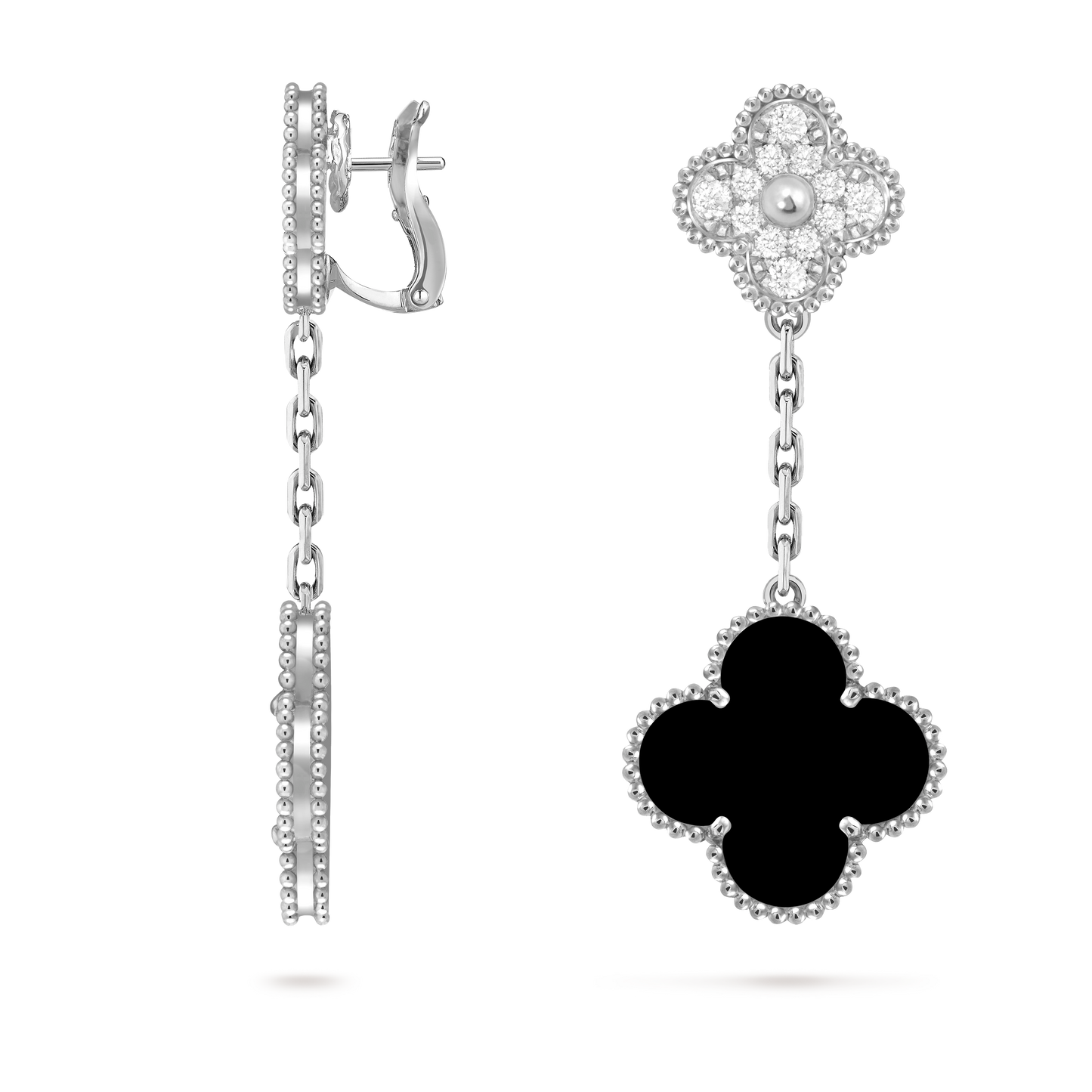 Van Cleef & Arpels 2 motifs Magic Alhambra earrings 18K white gold, Diamond and Onyx.