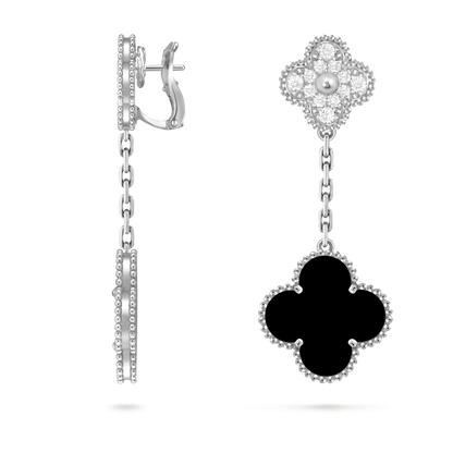 Van Cleef & Arpels 2 motifs Magic Alhambra earrings 18K white gold, Diamond and Onyx.
