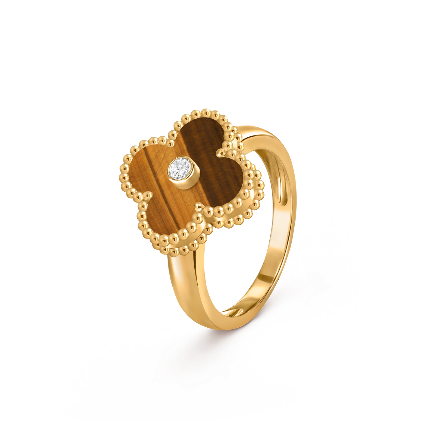 Van Cleef & Arpels Vintage Alhambra Ring 1 Diamond and 18k Yellow Gold White Tiger Eye