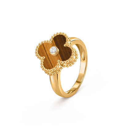 Van Cleef & Arpels Vintage Alhambra Ring 1 Diamond and 18k Yellow Gold White Tiger Eye