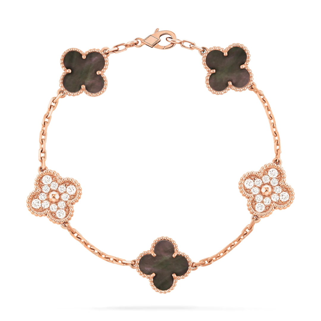 Van Cleef & Arpels Vintage Alhambra Bracelet 5 Motifs Full Diamonds and Mother Of Pearl 18K Rose Gold