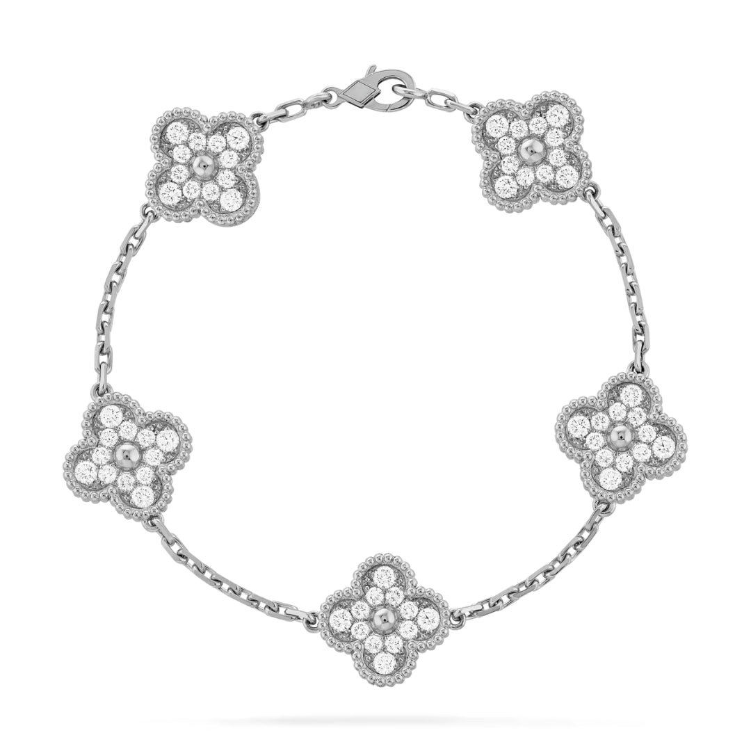 Van Cleef & Arpels Vintage Alhambra Bracelet 5 Motifs Full Diamonds 18K White Gold