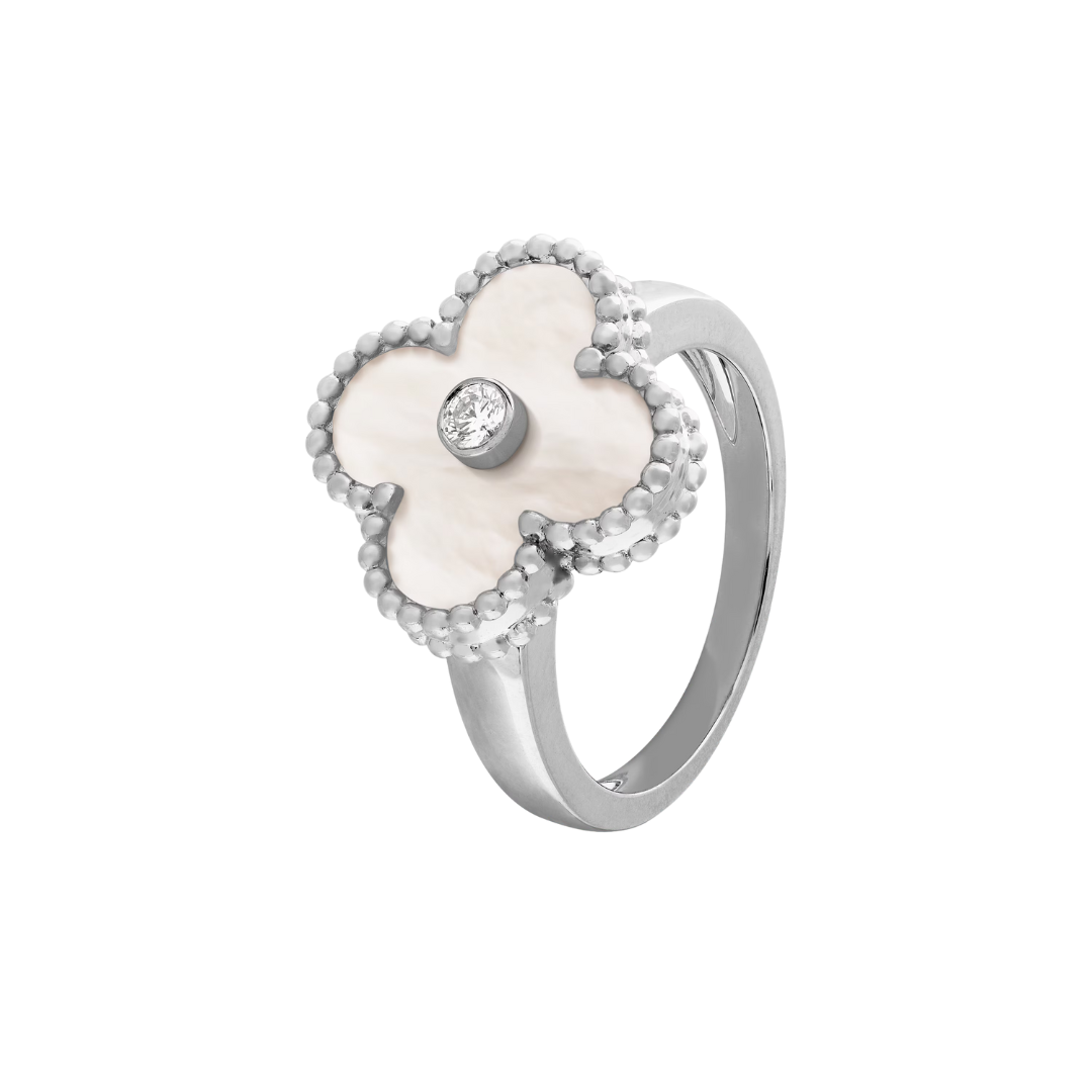 Van Cleef & Arpels Vintage Alhambra Ring & 1 Diamond and 18k White Gold White Mother of Pearl
