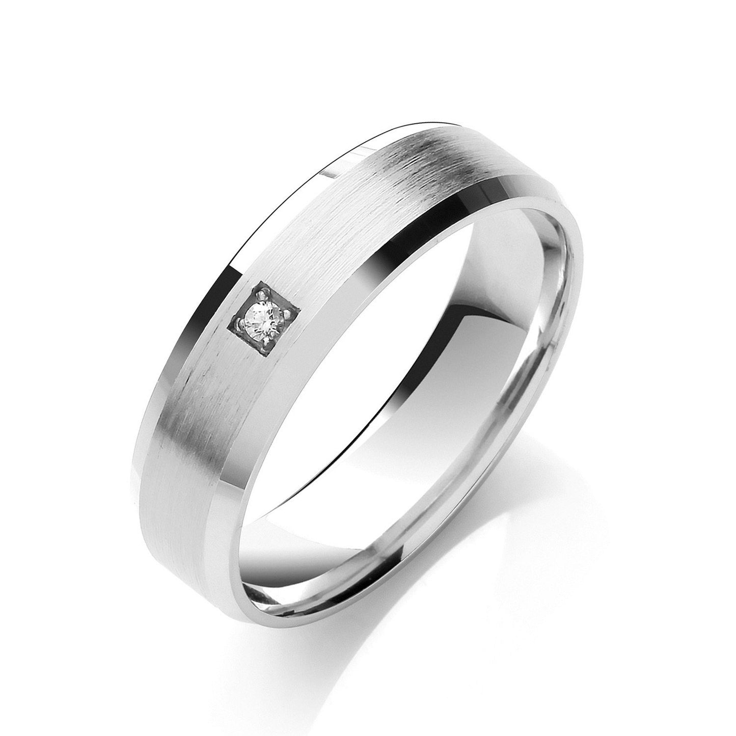 0.02ct S/s Brilliant Cut Diamond Set 6mm Flat Court Bevelled Edge Matt Centre Wedding Band | Maison D'amour Luxury Fine Jewellery Collection Online
