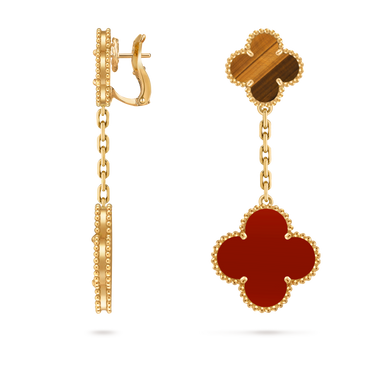Van Cleef & Arpels 2 motifs Alhambra earrings 18K yellow gold, Carnelian and Tiger Eye.