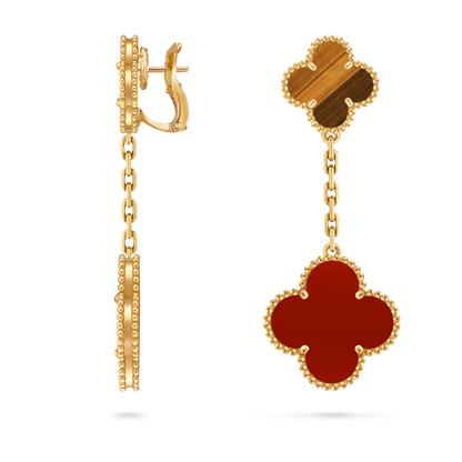 Van Cleef & Arpels 2 motifs Alhambra earrings 18K yellow gold, Carnelian and Tiger Eye.