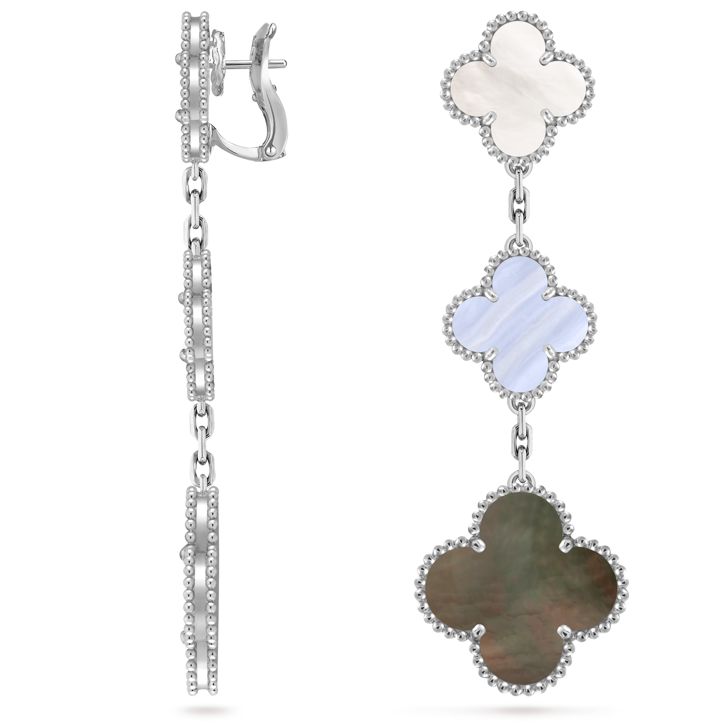Van Cleef & Arpels 3 motifs Alhambra earrings 8K yellow gold, Chalondony and Mother of Pearl.