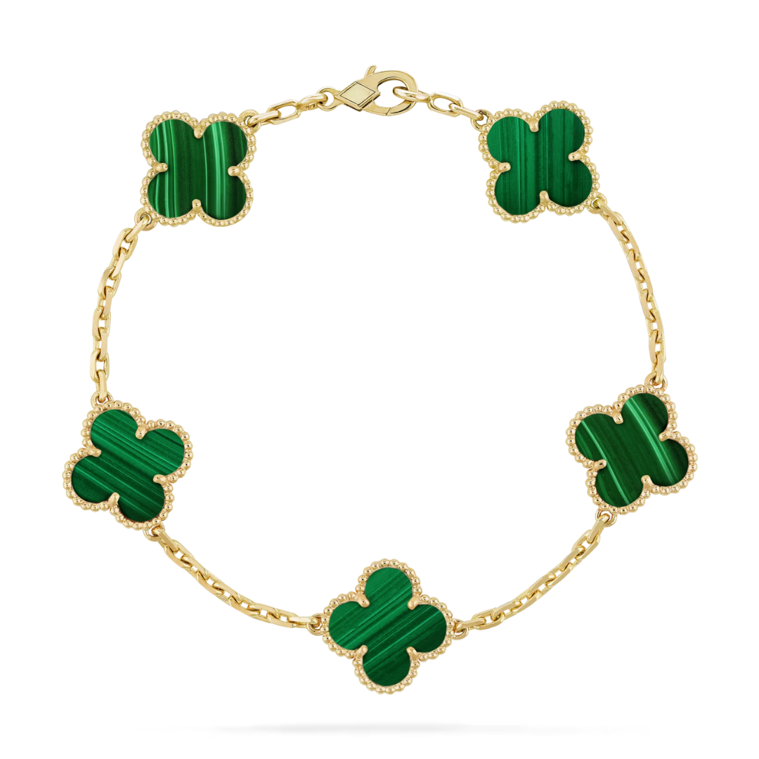 Van Cleef & Arpels Vintage Alhambra Bracelet 5 Motifs Malachite 18K Yellow Gold