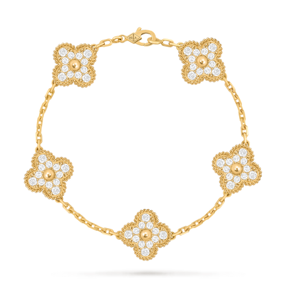 Van Cleef & Arpels Vintage Alhambra Bracelet 5 Motifs Full Diamonds 18K Yellow Gold