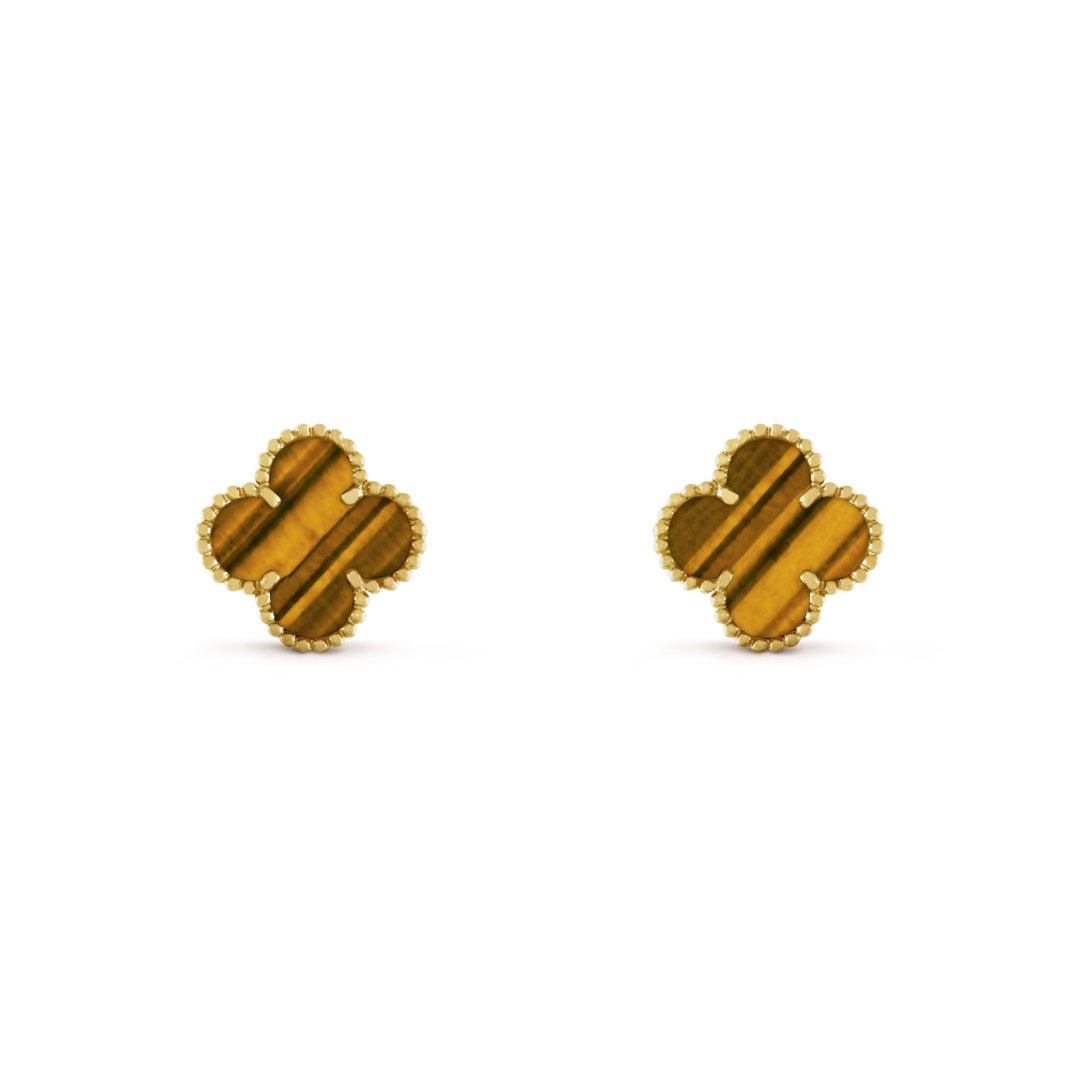 Van Cleef & Arpels Vintage Alhambra Earrings Tiger Eye 18K Yellow Gold