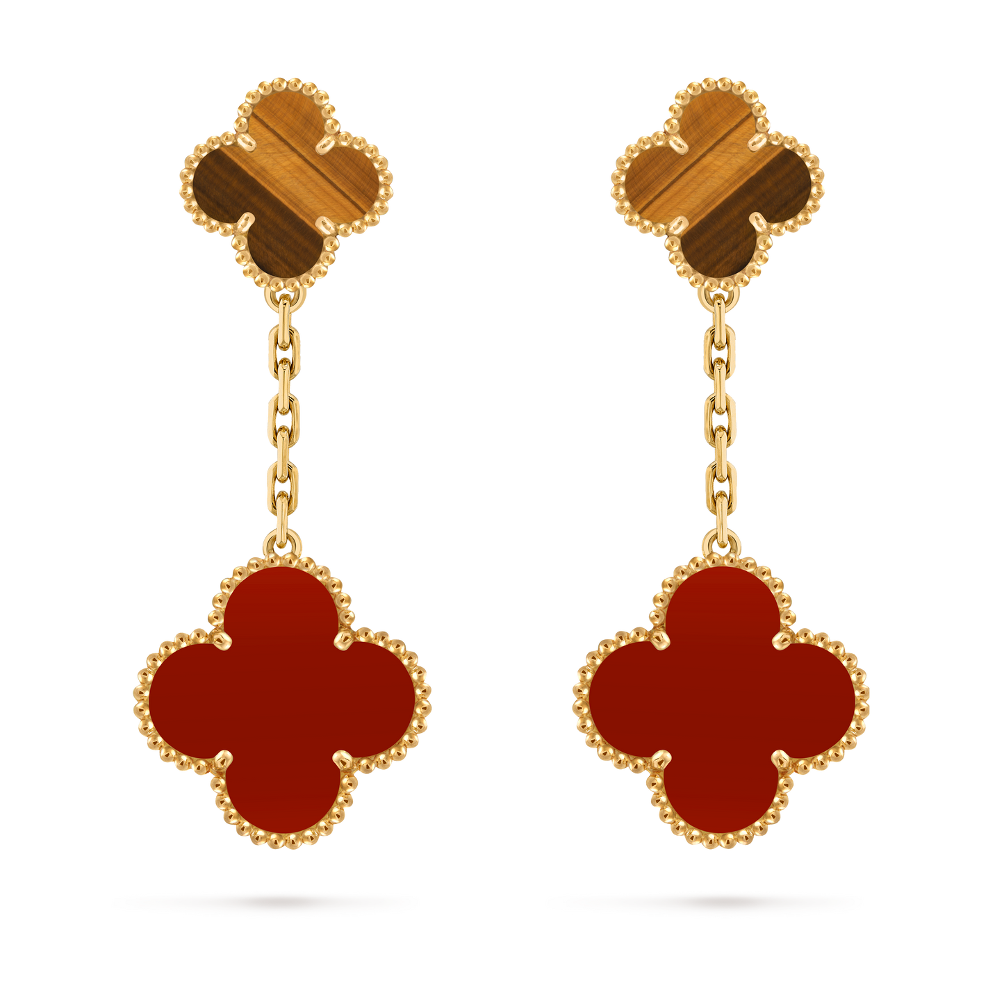 Van Cleef & Arpels 2 motifs Alhambra earrings 18K yellow gold, Carnelian and Tiger Eye.