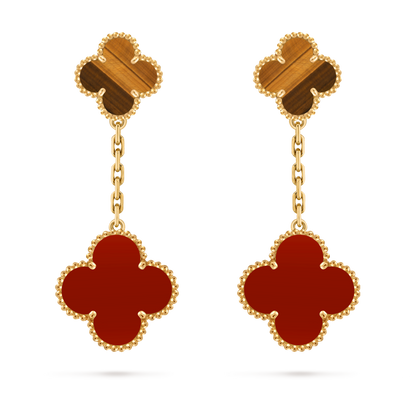 Van Cleef & Arpels 2 motifs Alhambra earrings 18K yellow gold, Carnelian and Tiger Eye.
